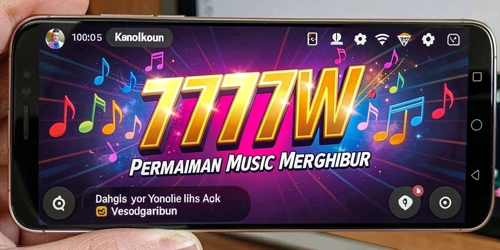Menampilkan gameplay interaktif dari aplikasi 7777W yang penuh musik.