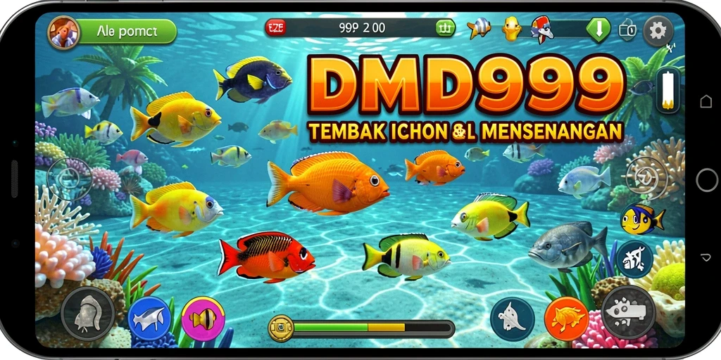 Tangkapan layar DMD999 menunjukkan berbagai ikan berwarna-warni dalam gameplay yang seru.