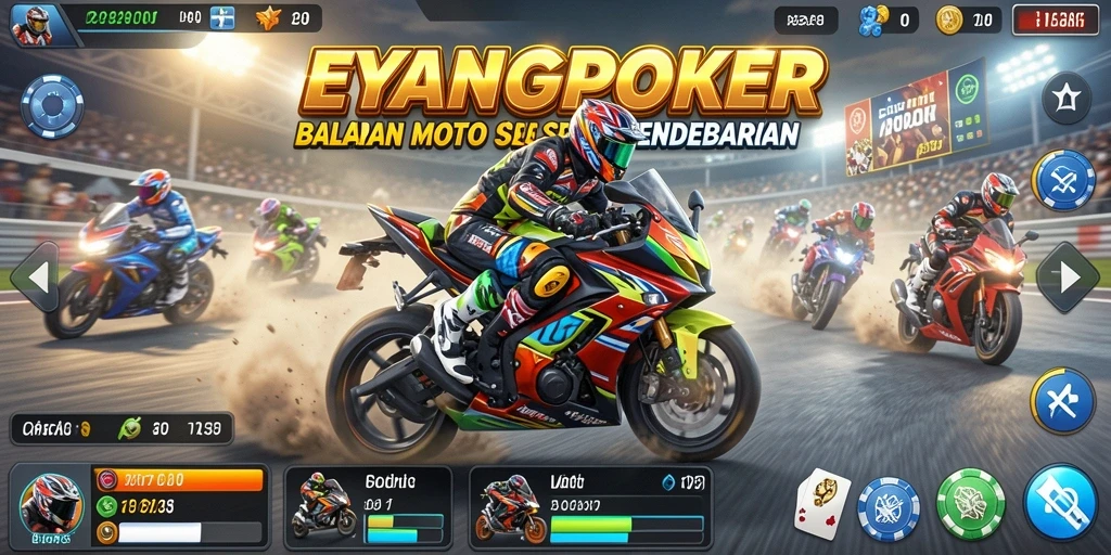 Gambaran gameplay seru di EYANGPOKER dengan aksi balapan motor.