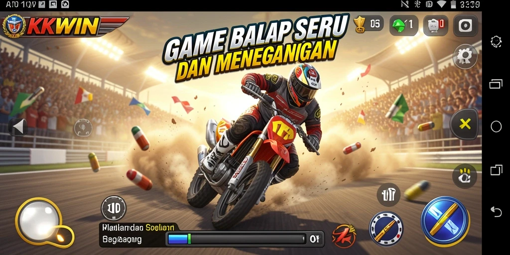 Tampilan gameplay KKWIN yang seru dan menegangkan saat berbalapan di trek.