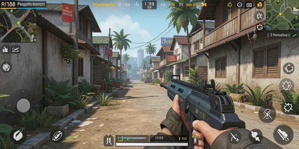 Screenshot gameplay RI188 menunjukkan aksi tembak-menembak yang intens.