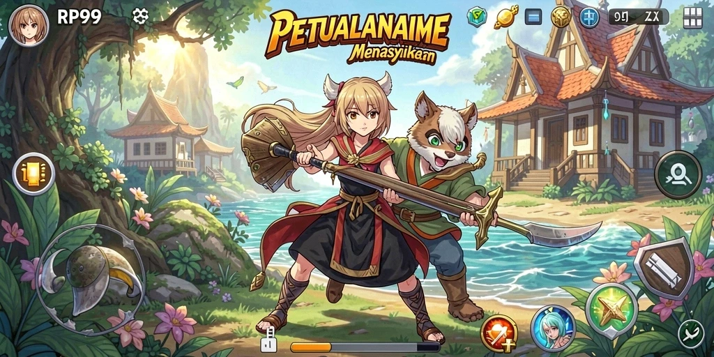 Screenshot utama RP99 menampilkan pertarungan karakter anime yang dinamis.