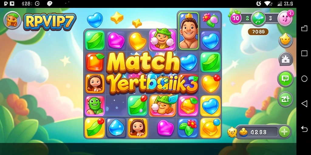 Screenshot gameplay RPVIP7 yang menunjukkan level Match-3 yang menarik.