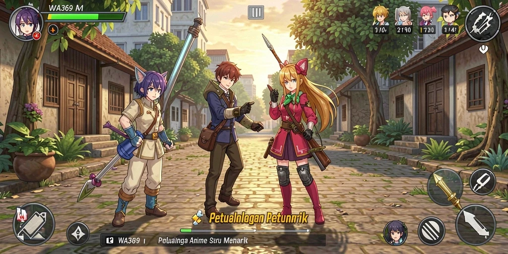 Tangkapan layar utama WA369 menampilkan karakter anime dalam pertempuran epik.
